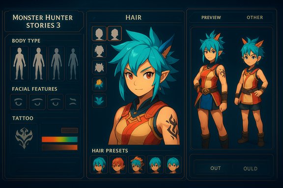 Monster Hunter Stories 3 character customization screen featuring a blue-haired hunter.