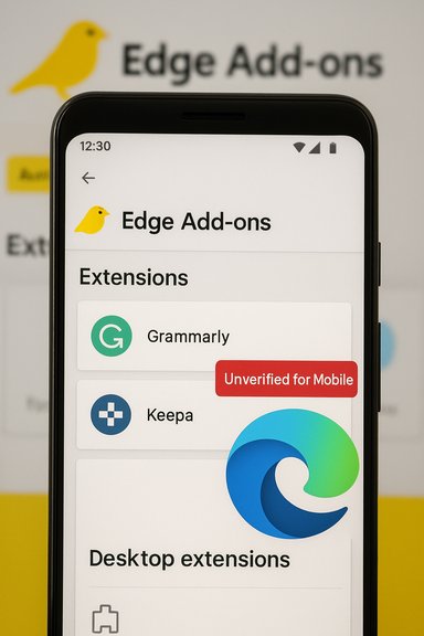 Phone screen shows Edge Add-ons: Extensions with Grammarly (unverified) and Keepa.