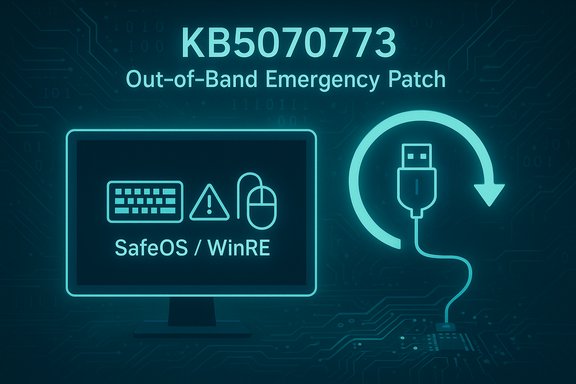 Graphic for KB5070773 Out-of-Band Emergency Patch for SafeOS/WinRE with USB recovery icon.