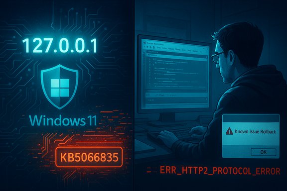 A coder sits at a computer as Windows 11 shows error codes and a Known Issue Rollback dialog.