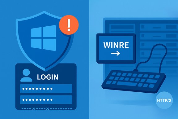 Windows login shield with a warning icon beside WINRE recovery and an HTTP/2 interface.