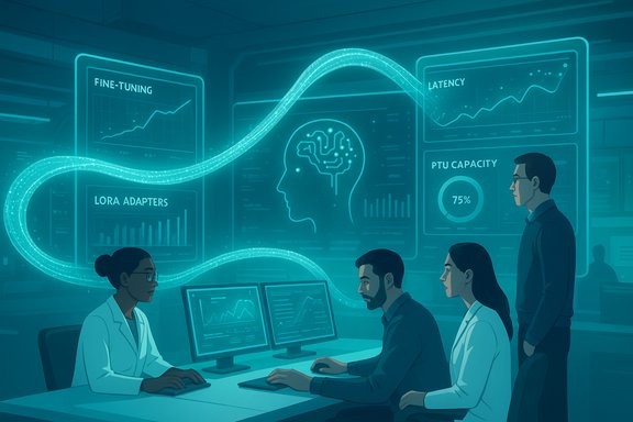 A futuristic lab where researchers monitor AI performance dashboards on glowing screens.