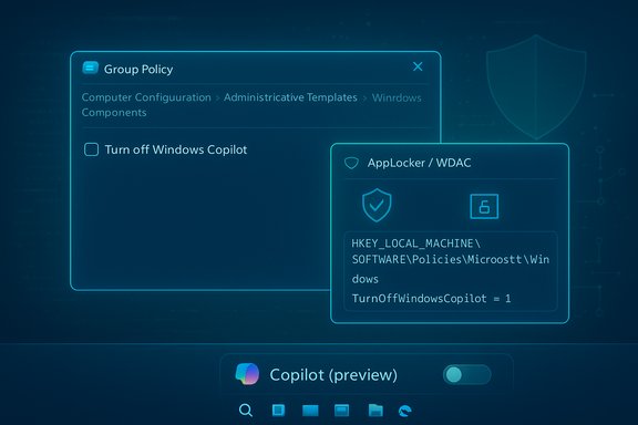 Blue UI showing Group Policy to turn off Windows Copilot and AppLocker/WDAC policy.