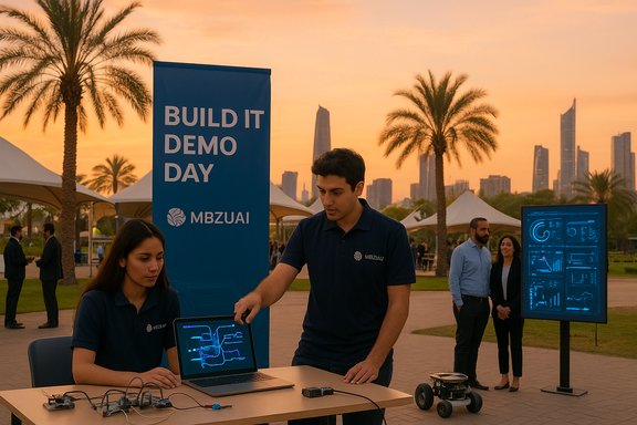 MBZUAI Build It Demo Day booth showcasing AI hardware demos at sunset.