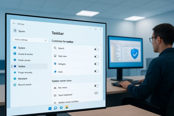 Person at a desk customizing the Windows Taskbar on a monitor.