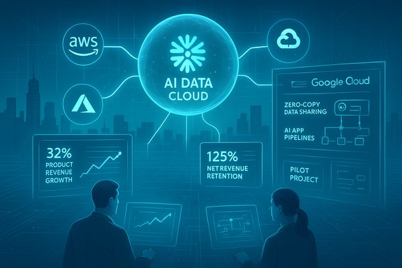 Futuristic AI data cloud hub linking AWS, Azure and Google Cloud across a control dashboard.