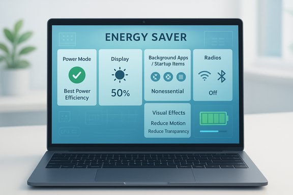 Laptop screen shows an Energy Saver dashboard with Power, Display, Apps, Radios, and Visual Effects options.