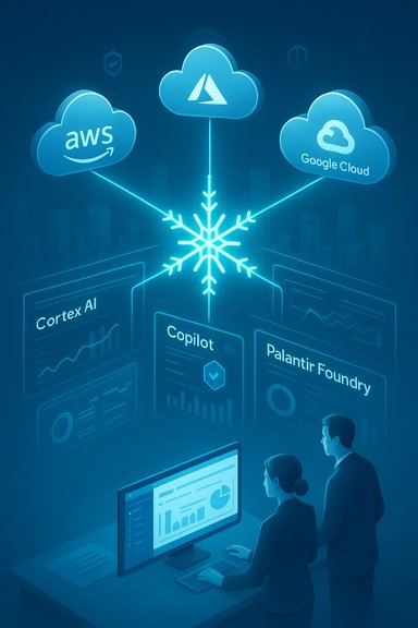 Blue illustration of AWS, Azure, and Google Cloud connected to AI analytics dashboards.