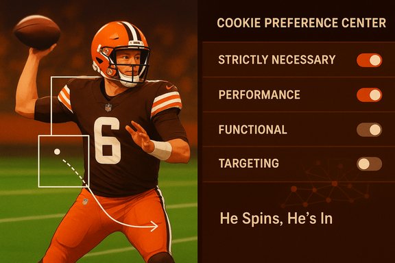 A Browns quarterback throws a pass beside a cookie-preference panel.