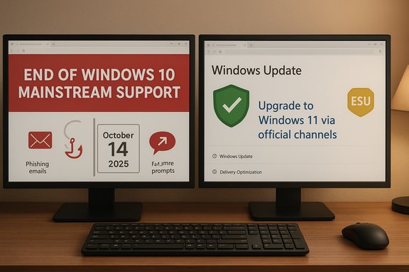 Dual-monitor setup on a desk showing end of Windows 10 support and Windows 11 upgrade guidance.