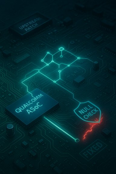 Glowing circuit diagram on a motherboard highlights Qualcomm ASoC and a null-check path.