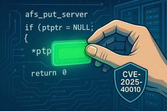 A hand presses a glowing green button amid code, beside a CVE-2025-40010 shield.