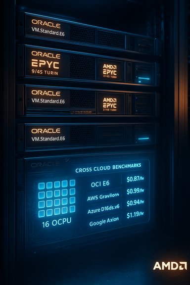 Server rack featuring Oracle VM.Standard.E6 and AMD EPYC blades in a blue-lit data center.