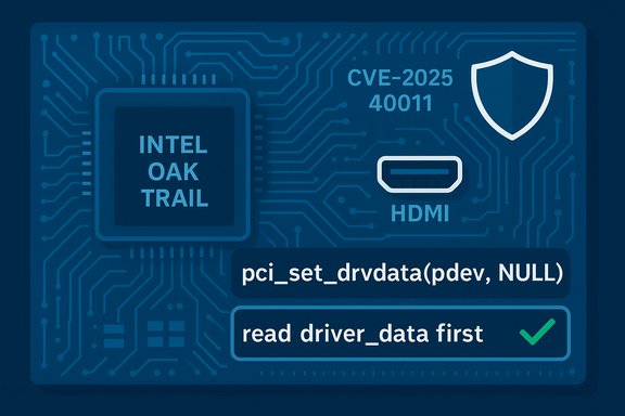 Blue circuit-board illustration featuring an Intel Oak Trail chip, CVE-2025-40011, HDMI port, shield, and code snippet.