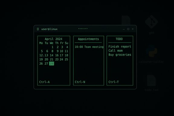 Neon-green Linux terminal showing April 2024 calendar, appointments, and a to-do list. Neon-green Linux terminal showing April 2024 calendar, appointments, and a to-do list.