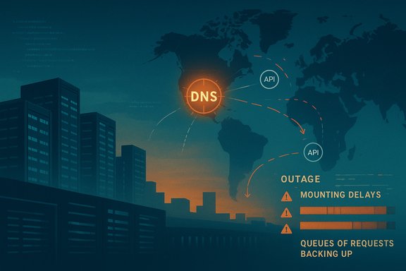 Global DNS outage affecting API routes, with mounting delays and request queues.