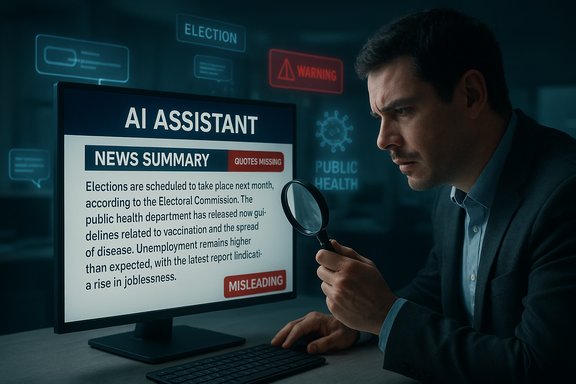 A man in a suit inspects a monitor titled 'AI Assistant' with a 'News Summary' flagged as misleading.