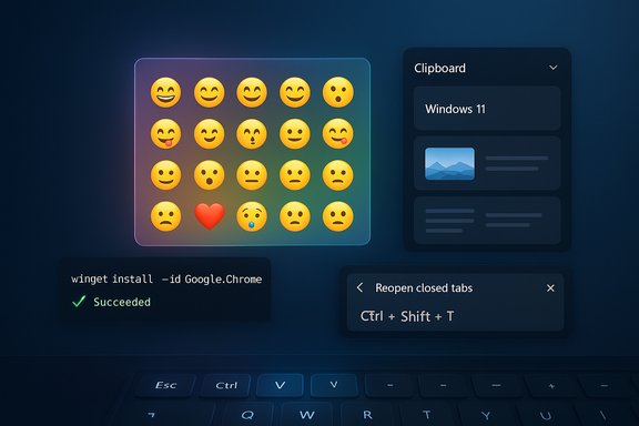 Dark blue desktop UI showing an emoji grid, Windows 11 clipboard, a winget success, reopen tabs tip, and keyboard.