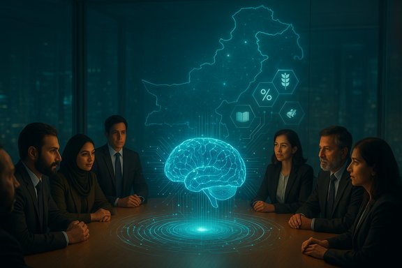 A diverse boardroom team watches a glowing holographic brain visualization.