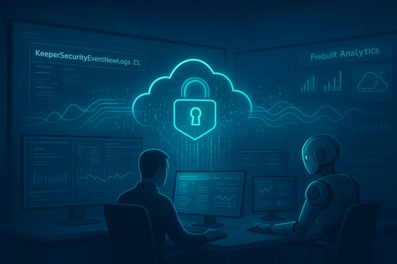 Human and robot analysts monitor cloud security dashboards with a glowing padlock icon.