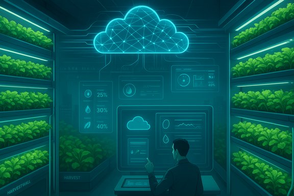 A researcher analyzes cloud-based farming data on a holographic display inside a high-tech greenhouse.