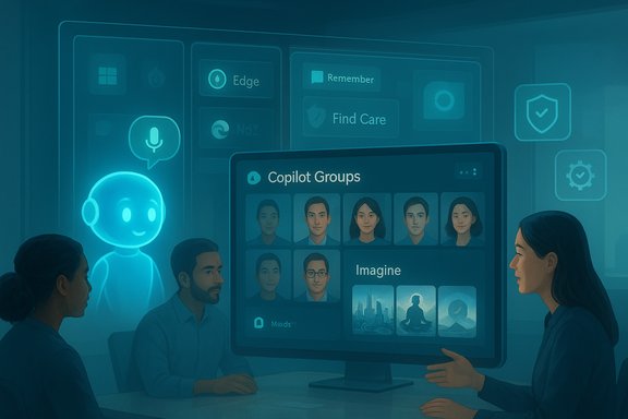 A team of colleagues views Copilot Groups on a large monitor alongside a glowing AI assistant.