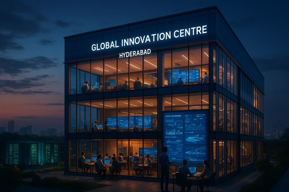 Glass-front Global Innovation Centre, Hyderabad, glows as teams collaborate inside at dusk.