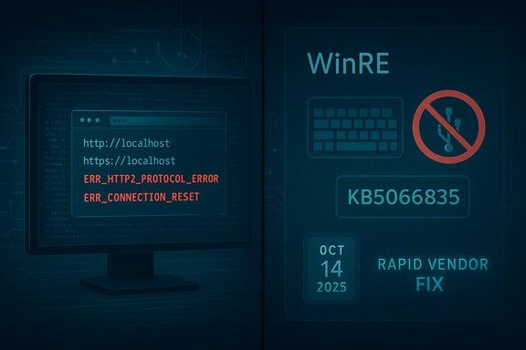 Monitor shows localhost errors; WinRE offers rapid vendor fix KB5066835.