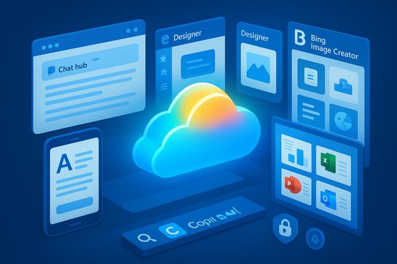 A glowing cloud sits at the center, surrounded by floating blue app panels and design tools.