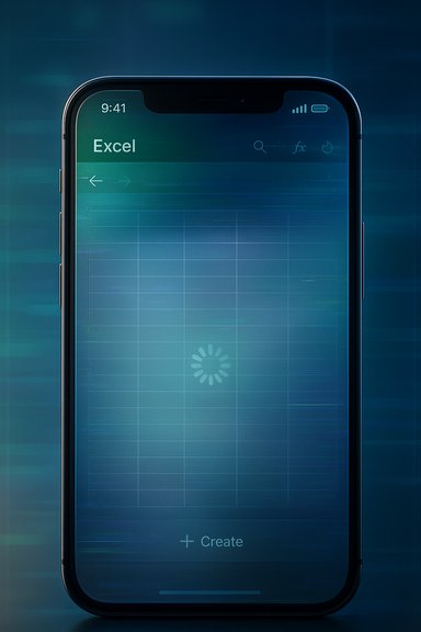 Smartphone screen displaying Excel with a loading spinner over a spreadsheet grid.