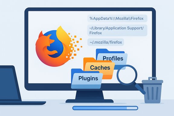Desktop monitor displaying Firefox logo with folders labeled Caches, Plugins, Profiles. Desktop monitor displaying Firefox logo with folders labeled Caches, Plugins, Profiles.