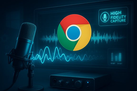 Microphone in foreground with Chrome logo and audio waveform on screen.