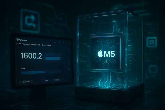 Apple M5 chip encased in a glass cube, glowing beside a benchmark screen reading 1600.2.