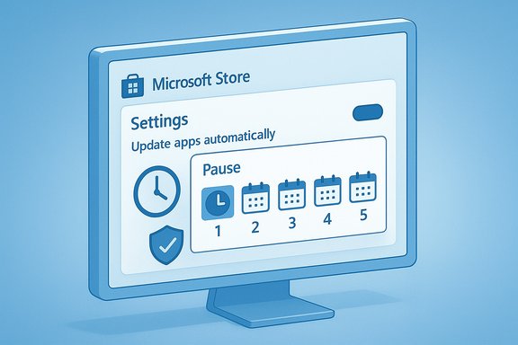 Blue-toned monitor showing Microsoft Store settings to pause automatic app updates.