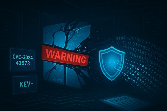 Digital security scene with WARNING banner, shield, cracked screen, and patch note amid binary code.