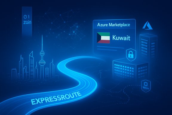 A blue futuristic cityscape with an ExpressRoute road to Azure Marketplace Kuwait.