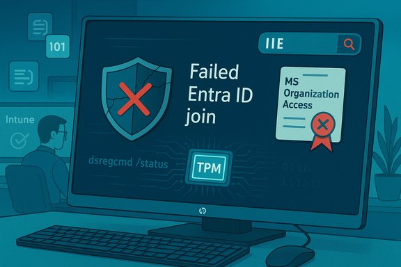 Computer screen showing 'Failed Entra ID join' with a crossed shield icon. Computer screen showing 'Failed Entra ID join' with a crossed shield icon.