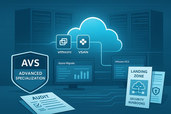 Cloud infrastructure with VMware, VSAN, AVS Advanced Specialization, Azure Migrate, and landing zone security runbooks.