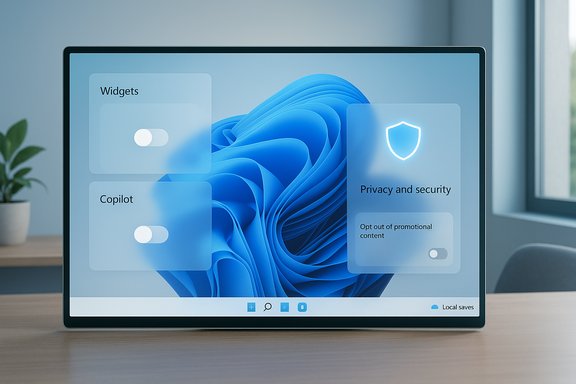 A monitor shows a Windows-style UI with widgets and privacy settings on a blue wallpaper.