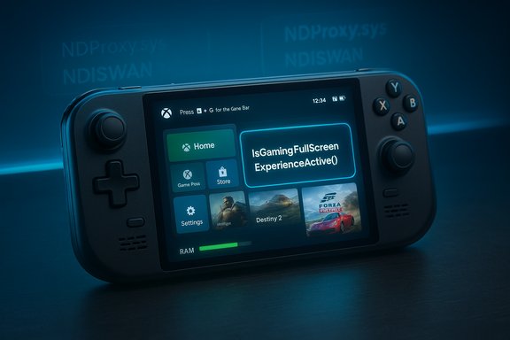 Handheld gaming console showing a Windows-style home screen with game tiles. Handheld gaming console showing a Windows-style home screen with game tiles.