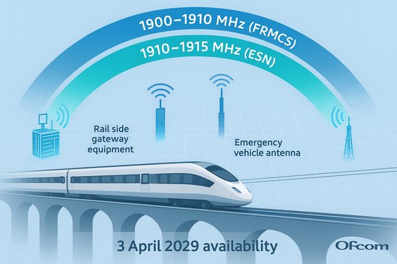 Illustration of a high-speed train with rail gateway and emergency-vehicle antennas in 1900–1910 MHz bands.