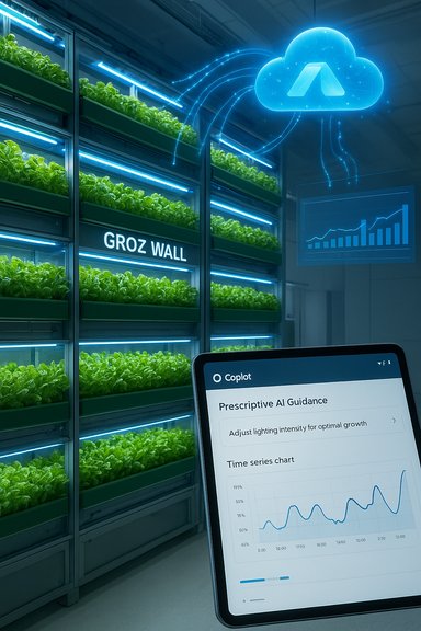 A futuristic greenhouse with LED-lit vertical grow racks and a tablet displaying AI-driven analytics.