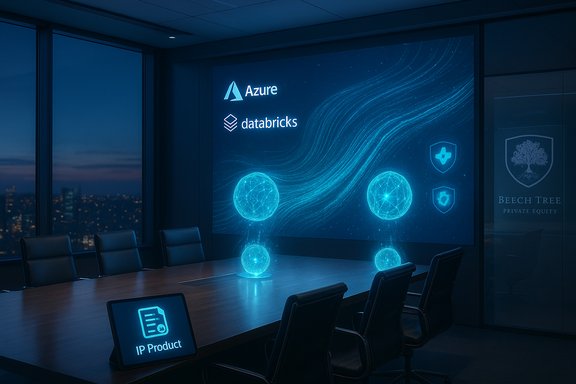 A futuristic boardroom with a large screen displaying Azure and Databricks logos and glowing holographic spheres.