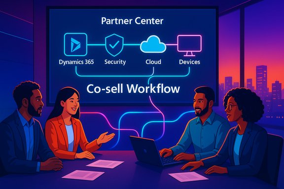 Team of four discusses a Partner Center co-sell workflow shown on a large screen.