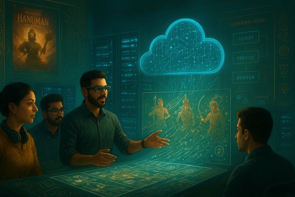 A diverse team discusses a holographic cloud data visualization in a high-tech briefing room.