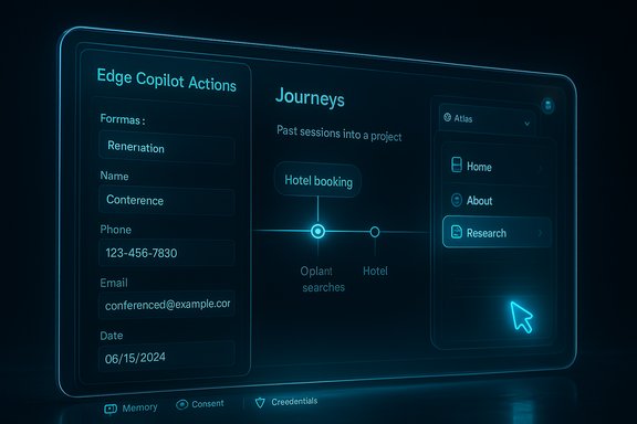 A glowing blue holographic dashboard labeled 'Edge Copilot Actions' showing a hotel-booking journey and forms.