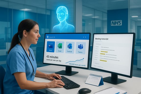 Nurse at a dual-monitor workstation in an NHS office, reviewing a meeting transcript and apps.