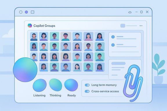 Illustration of Copilot Groups UI featuring avatar grid and collaboration tools.