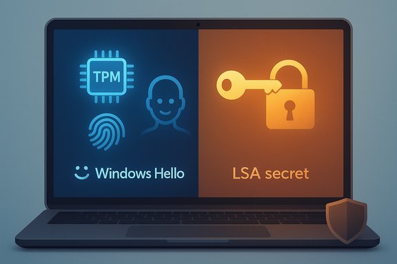 Laptop screen shows Windows Hello biometrics vs LSA secret lock.