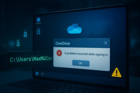Blue-tinted laptop screen shows a OneDrive sign-in error with a warning icon.